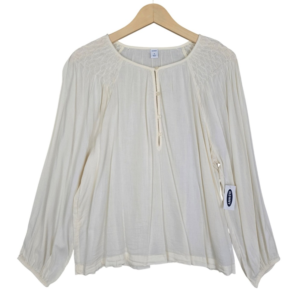 NWT Old Navy Women's Button Front Smocked Shoulder Popover Blouse Ivory M